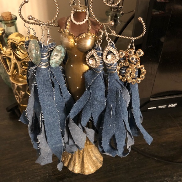 Denim Blue Jean Earrings with Bling Embellishments - Picture 4 of 8